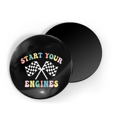 Start Your Engines Groovy Checkered Flag Retro Racing Magnet