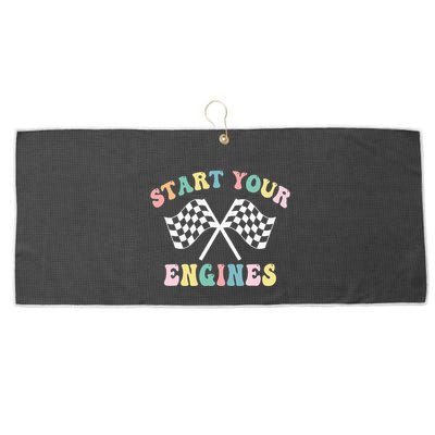 Start Your Engines Groovy Checkered Flag Retro Racing Large Microfiber Waffle Golf Towel
