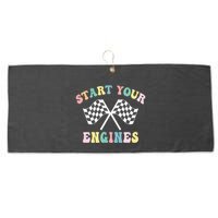 Start Your Engines Groovy Checkered Flag Retro Racing Large Microfiber Waffle Golf Towel