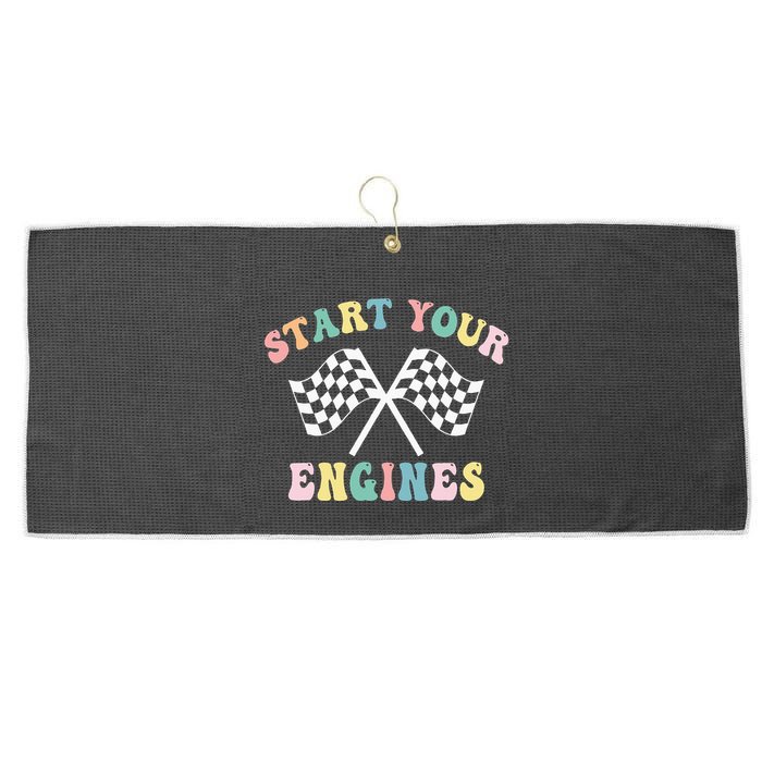 Start Your Engines Groovy Checkered Flag Retro Racing Large Microfiber Waffle Golf Towel