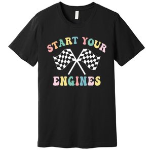 Start Your Engines Groovy Checkered Flag Retro Racing Premium T-Shirt