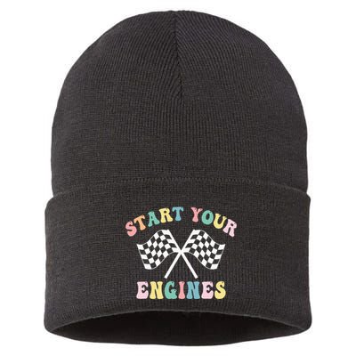 Start Your Engines Groovy Checkered Flag Retro Racing Sustainable Knit Beanie