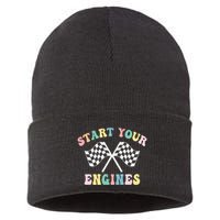Start Your Engines Groovy Checkered Flag Retro Racing Sustainable Knit Beanie