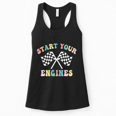 Start Your Engines Groovy Checkered Flag Retro Racing Womens Tank Top