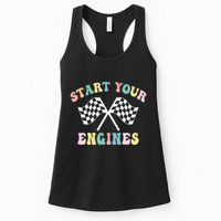 Start Your Engines Groovy Checkered Flag Retro Racing Womens Tank Top