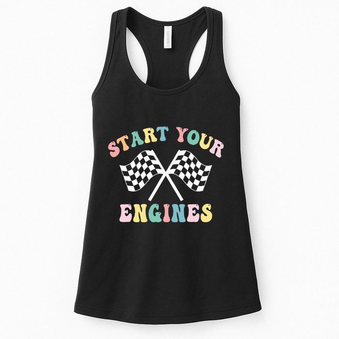 Start Your Engines Groovy Checkered Flag Retro Racing Womens Tank Top