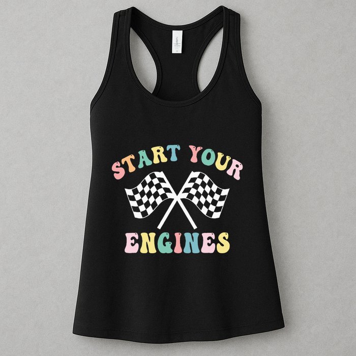 Start Your Engines Groovy Checkered Flag Retro Racing Womens Tank Top