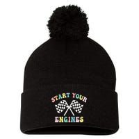 Start Your Engines Groovy Checkered Flag Retro Racing Pom Pom 12in Knit Beanie