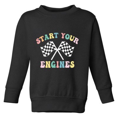 Start Your Engines Groovy Checkered Flag Retro Racing Toddler Sweatshirt