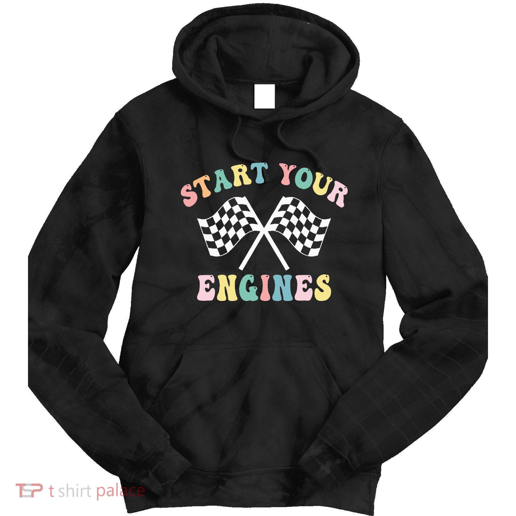 Start Your Engines Groovy Checkered Flag Retro Racing Tie Dye Hoodie