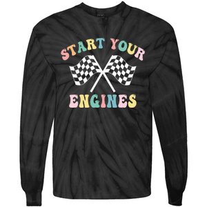 Start Your Engines Groovy Checkered Flag Retro Racing Tie-Dye Long Sleeve Shirt