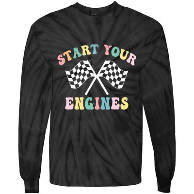 Start Your Engines Groovy Checkered Flag Retro Racing Tie-Dye Long Sleeve Shirt