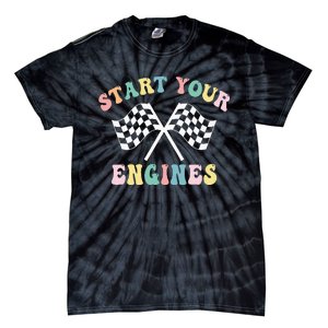 Start Your Engines Groovy Checkered Flag Retro Racing Tie-Dye T-Shirt