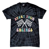 Start Your Engines Groovy Checkered Flag Retro Racing Tie-Dye T-Shirt