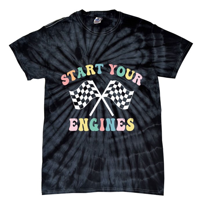 Start Your Engines Groovy Checkered Flag Retro Racing Tie-Dye T-Shirt
