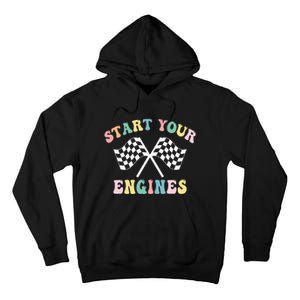 Start Your Engines Groovy Checkered Flag Retro Racing Tall Hoodie