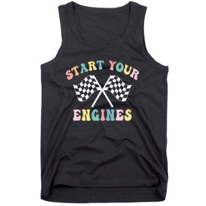 Start Your Engines Groovy Checkered Flag Retro Racing Tank Top