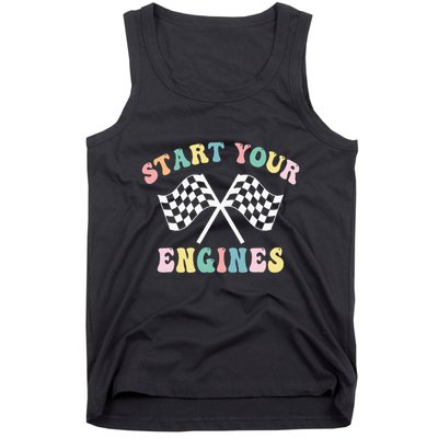 Start Your Engines Groovy Checkered Flag Retro Racing Tank Top