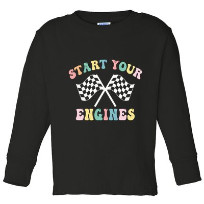 Start Your Engines Groovy Checkered Flag Retro Racing Toddler Long Sleeve Shirt