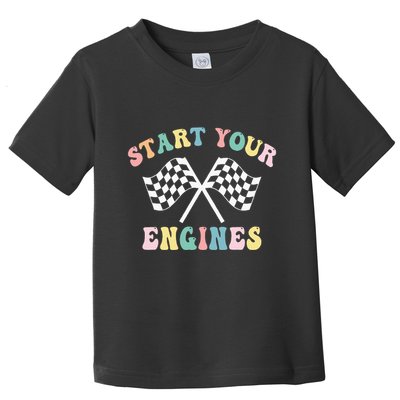 Start Your Engines Groovy Checkered Flag Retro Racing Toddler T-Shirt