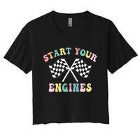 Start Your Engines Groovy Checkered Flag Retro Racing Women's Crop Top Tee