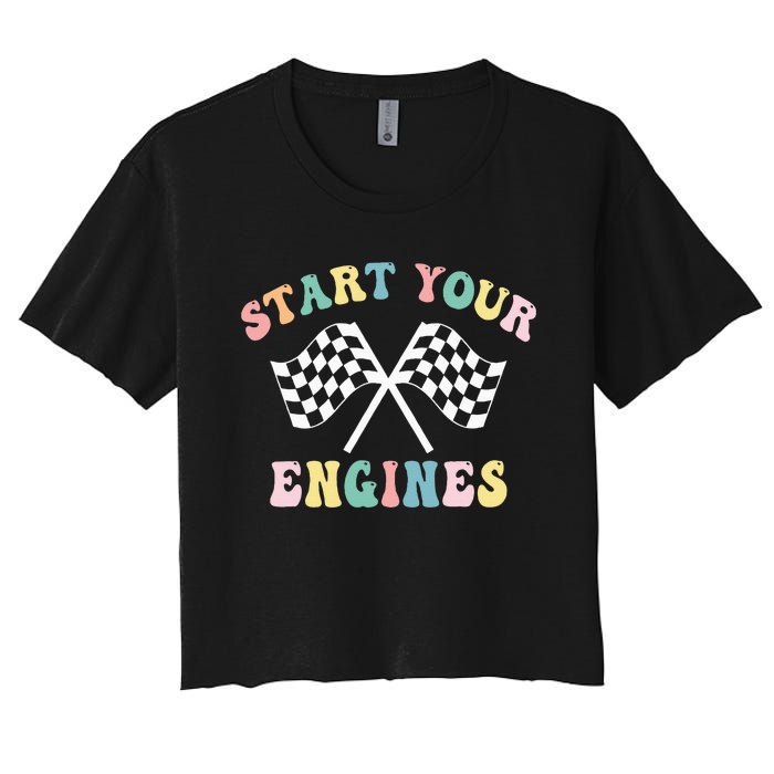 Start Your Engines Groovy Checkered Flag Retro Racing Women's Crop Top Tee