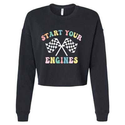 Start Your Engines Groovy Checkered Flag Retro Racing Cropped Pullover Crew
