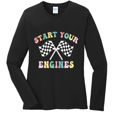 Start Your Engines Groovy Checkered Flag Retro Racing Ladies Long Sleeve Shirt