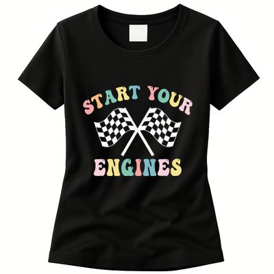 Start Your Engines Groovy Checkered Flag Retro Racing Womens T-Shirt