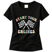 Start Your Engines Groovy Checkered Flag Retro Racing Womens T-Shirt