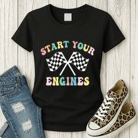 Start Your Engines Groovy Checkered Flag Retro Racing Womens T-Shirt