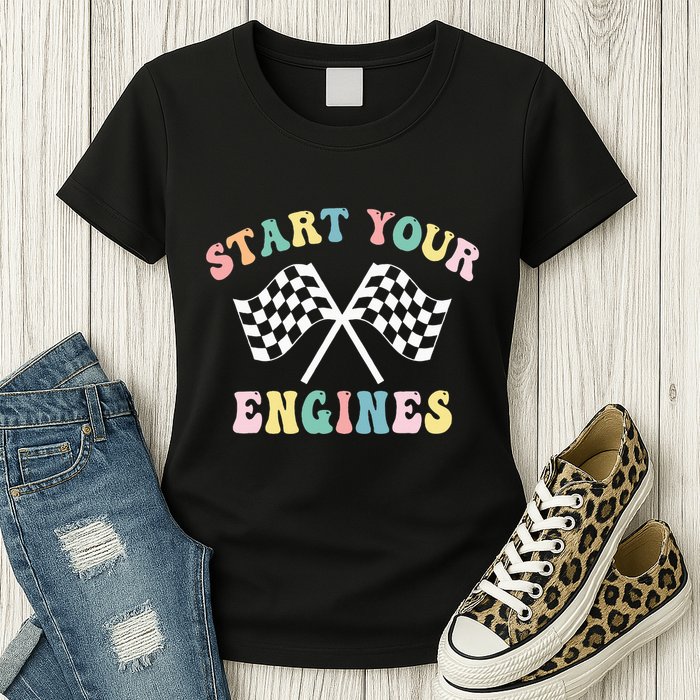 Start Your Engines Groovy Checkered Flag Retro Racing Womens T-Shirt