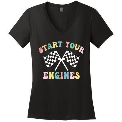 Start Your Engines Groovy Checkered Flag Retro Racing Women's V-Neck T-Shirt