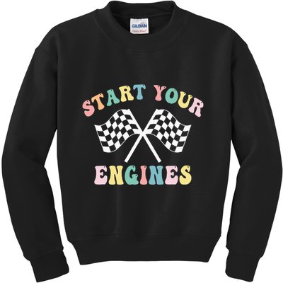 Start Your Engines Groovy Checkered Flag Retro Racing Kids Sweatshirt