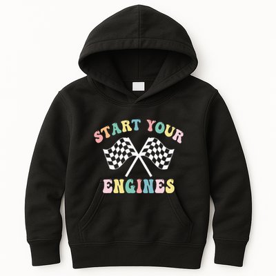 Start Your Engines Groovy Checkered Flag Retro Racing Kids Hoodie