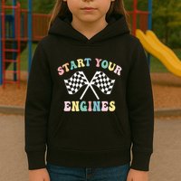 Start Your Engines Groovy Checkered Flag Retro Racing Kids Hoodie