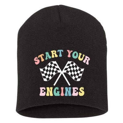 Start Your Engines Groovy Checkered Flag Retro Racing Short Acrylic Beanie