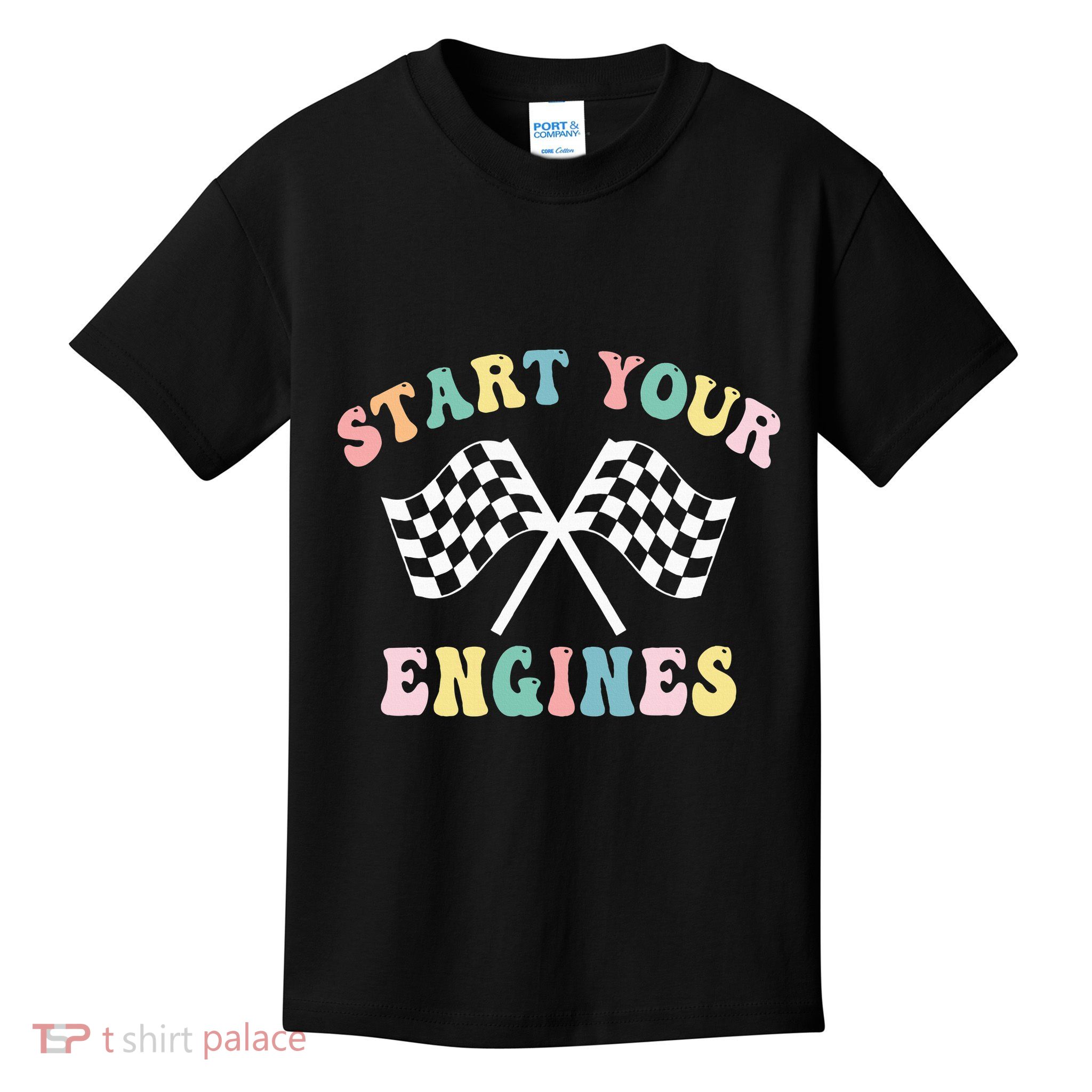 Start Your Engines Groovy Checkered Flag Retro Racing Kids T-Shirt