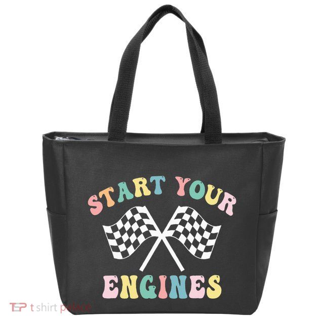 Start Your Engines Groovy Checkered Flag Retro Racing Zip Tote Bag
