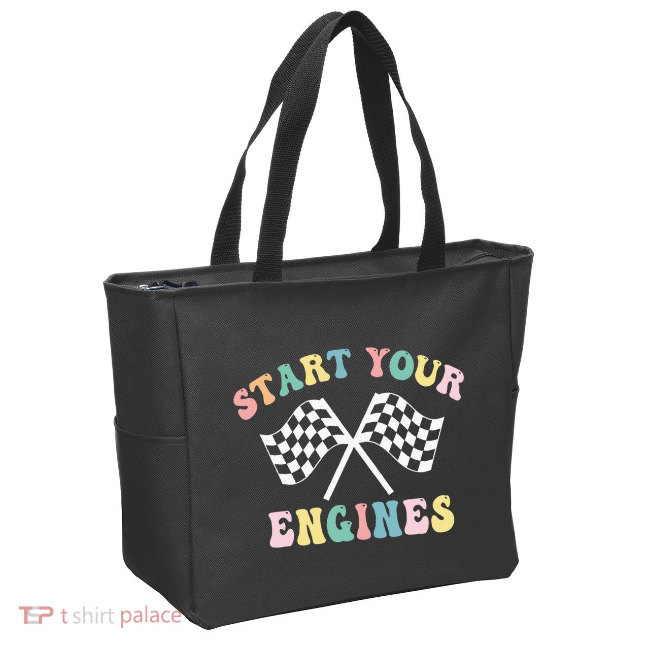 Start Your Engines Groovy Checkered Flag Retro Racing Zip Tote Bag