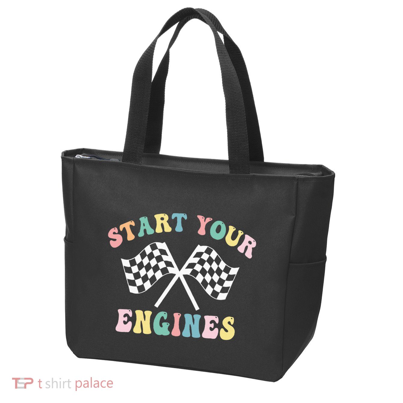 Start Your Engines Groovy Checkered Flag Retro Racing Zip Tote Bag