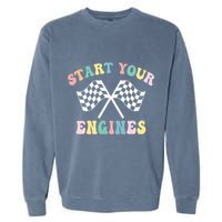 Start Your Engines Groovy Checkered Flag Retro Racing Garment-Dyed Sweatshirt