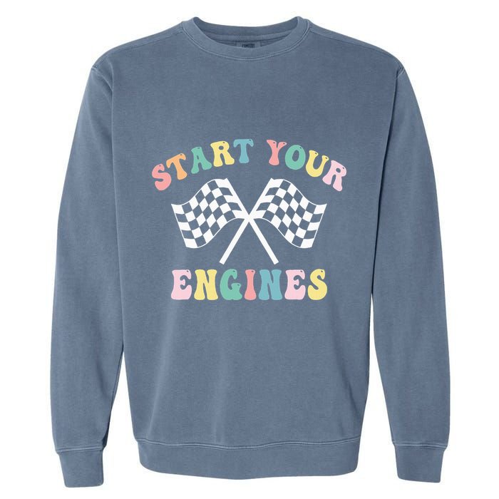 Start Your Engines Groovy Checkered Flag Retro Racing Garment-Dyed Sweatshirt