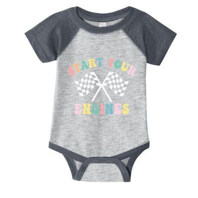 Start Your Engines Groovy Checkered Flag Retro Racing Infant Baby Jersey Bodysuit
