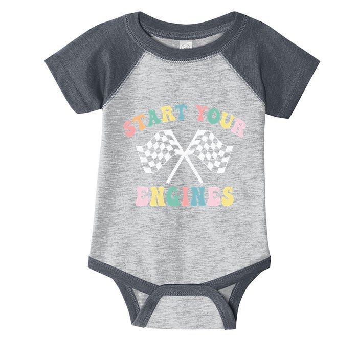 Start Your Engines Groovy Checkered Flag Retro Racing Infant Baby Jersey Bodysuit