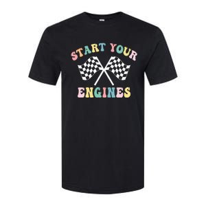 Start Your Engines Groovy Checkered Flag Retro Racing Softstyle CVC T-Shirt