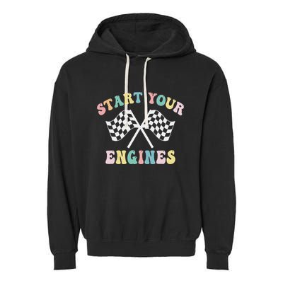 Start Your Engines Groovy Checkered Flag Retro Racing Garment-Dyed Fleece Hoodie