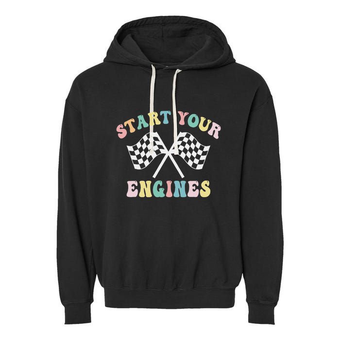Start Your Engines Groovy Checkered Flag Retro Racing Garment-Dyed Fleece Hoodie