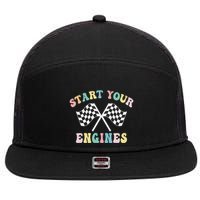 Start Your Engines Groovy Checkered Flag Retro Racing 7 Panel Mesh Trucker Snapback Hat