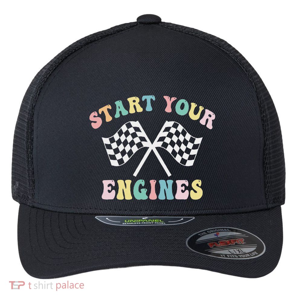 Start Your Engines Groovy Checkered Flag Retro Racing Flexfit Unipanel Trucker Cap